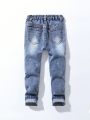 Boys' Cool Shirred Patchwork Elastic Slim Fit Jeans For Streetwear Style