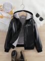SHEIN Tween Girl Letter Patched Teddy Lined Hooded PU Jacket