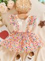 SHEIN Baby Girl'S Casual, Romantic, Elegant, Cute And Fun Digital Printing Patterned Dress With 3d Rose Label, Colorful Polka Dot Mesh Skirt, Suitable For Parties And Outings In Spring And Summer