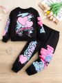 SHEIN Kids EVRYDAY Girls' Graffiti Printed Sweatshirt And Pants Set, Autumn Sports 2pcs