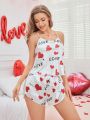 Women's Heart & Letter Print Cami Top And Shorts Pajama Set