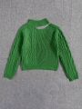 Big Girls' Knitted Sweater With Asymmetric Collar And Twisted Flower Detail, Solid Color