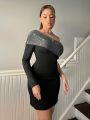 SHEIN Privé Women'S One Shoulder Long Sleeve Slim Fit Glitter Bodycon Dress