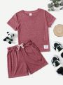 SHEIN Kids EVRYDAY Toddler Boys' Casual Comfortable Letter & Plaid Pattern Short Sleeve T-Shirt And Shorts Set