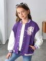 SHEIN Tween Girl Unicorn Print Drop Shoulder Two Tone Varsity Jacket