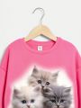 Tween Girls' Casual Cat Pattern Long Sleeve Round Neck Sweatshirt Suitable For Autumn And Winter