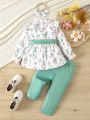 Baby Girls' Floral Printed Belted Shirt And Solid Color Pants Set