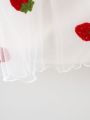 Newborn Baby Girls' Denim Patchwork Mesh Embroidery Dress With Strawberry Pattern