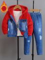 SHEIN Kids HYPEME Little Boys' Fleece Lined Patchwork Hooded Jacket And Denim Print Pants Two-piece Set