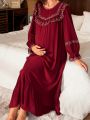 Maternity Floral Embroidery Lotus Leaf Edge Nightgown