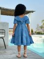 SHEIN Kids Cooltwn Young Girls' Casual Spring/Summer Woven Solid Color Ruffle Hem V-Neck Dress