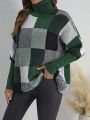 EMERY ROSE Women's Turtleneck Plaid Batwing Sleeve Sweater