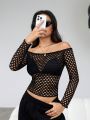 SHEIN ICON Women's Off Shoulder Fishnet Top