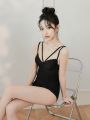 Black Sexy Padded Shoulder Strap One-piece Swimsuit