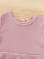 SHEIN Baby Girls' Basic Comfortable Bell Sleeve Pink Dress For Home And Leisure