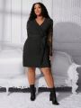 SHEIN CURVE+ Plus Size Wrap Neck Belted Lace Sleeve Midi Dress