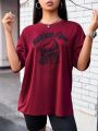 Street Sport Loose Fit Drop Shoulder Sports T-Shirt With Hamburger & Letter Print