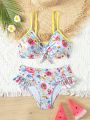 Girls' Printed Contrast Binding Swimsuit Top And Ruffle Hem Swim Bottom Set