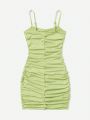 SHEIN Teenage Girl's Knitted Solid Color Pleated Romantic Cami Dress