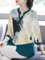Plus Size Women'S Ink Printed Notched Collar Blouse