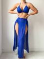 SHEIN Swim Vcay Solid Color Halter Neck Open Back Bikini Swimwear Set