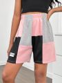 SHEIN Kids Cooltwn Tween Girls' Cool And Trendy Knitted Color-Block Shorts For Spring/Summer