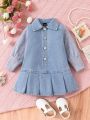 Baby Girl Two Tone Pleated Hem Button Front Denim Dress