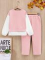 SHEIN Kids EVRYDAY Tween Girl's Knitted Contrasting Color Round-Neck Loose Top And Loose Trousers Casual Two-Piece Set