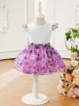 SHEIN Infant Girls' Gorgeous Elegant Knitted Patchwork Flutter Sleeve Top And Floral Print Skirt Set