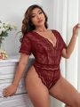 Plus Floral Lace Plunging Neck Teddy Bodysuit