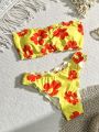 SHEIN Swim Mod Ladies' Floral Printed Bandeau Bra And Triangle Briefs Bikini Set