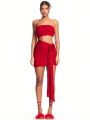 SHEIN BAE Ladies' Romantic Valentine's Day 3d Flower Hollow Out Strapless Party Red Mini Dress With Ribbon