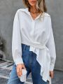 SHEIN Essnce Solid Color Irregular Hem Long Sleeve Shirt