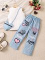 SHEIN Kids QTFun Little Girls' Solid Color Vest And Cartoon Print Denim-Like Pants Set With Stand Collar