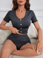 Women's Ribbed Short Sleeve Top And Shorts Pajama Set