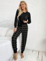 Women's Plaid Print Long Sleeve Homewear Set With Pockets