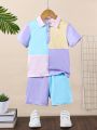 Young Boy 2pcs/Set Macaroon Color-Block Polo Shirt And Shorts Casual Outfits For Summer