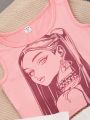 Teenage Girls' Cartoon Print Vest And Long Pants With Solid Short Sleeve Top 3pcs Outfit