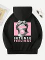 Teen Girls Letter & Figure Graphic Kangaroo Pocket Drawstring Hoodie