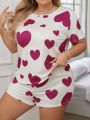 Plus Size Heart Printed Short Sleeve Pajama Set