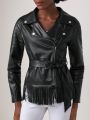 EFFLEURA Fringe Hem PU Leather Moto Jacket