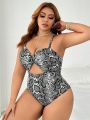 SHEIN Swim BAE Plus Size Hollow Out One-Piece Swimsuit With Snake Print, Twist Detail