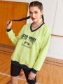 Street Sport Letter Print Contrast Trim V-Neck Sweatshirt