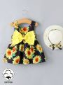 2pcs/Set Baby Girl Sunflower Printed Back Bowknot Dress With Hat, Cute & Romantic Casual Dress For Daily Wear, Spring & Summer