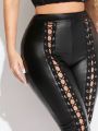SHEIN SXY Women's Pu Leather Strap Decorated Long Pants