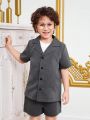 SHEIN Kids KDOMO Young Boy'S Notched Collar Short Sleeve Suit Jacket And Shorts Set