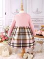 SHEIN Kids CHARMNG Young Girl Plaid Print Flap Pocket Dress & Crop Jacket