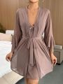 Contrast Lace Flounce Sleeve Bow Front Mesh Robe & Cami Dress PJ Set