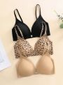 2pcs Solid Bra & 1pc Leopard Print Bra