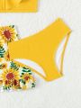 Little Girl'S Ear-Trimmed Sunflower Print Swimsuit Set